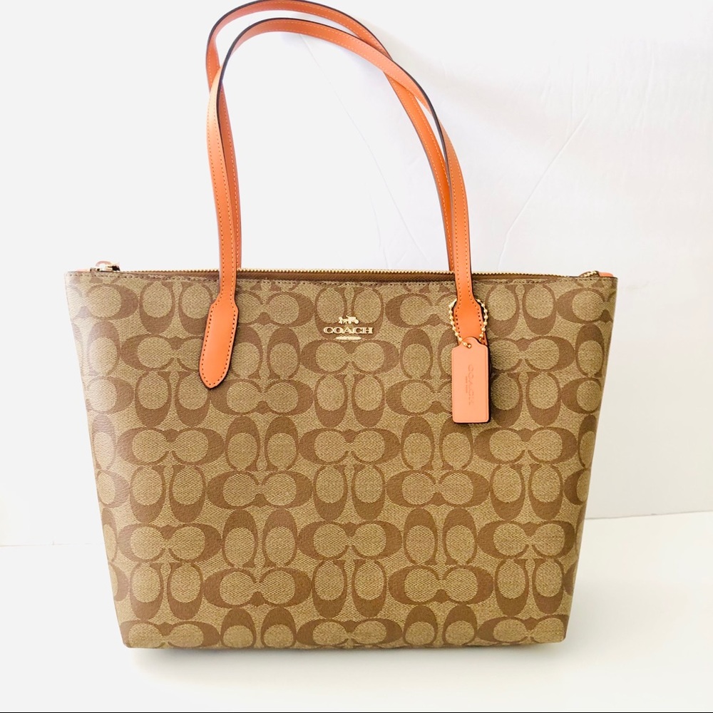 Coach Zip Top Tote Signature Canvas Orange Leather Purse